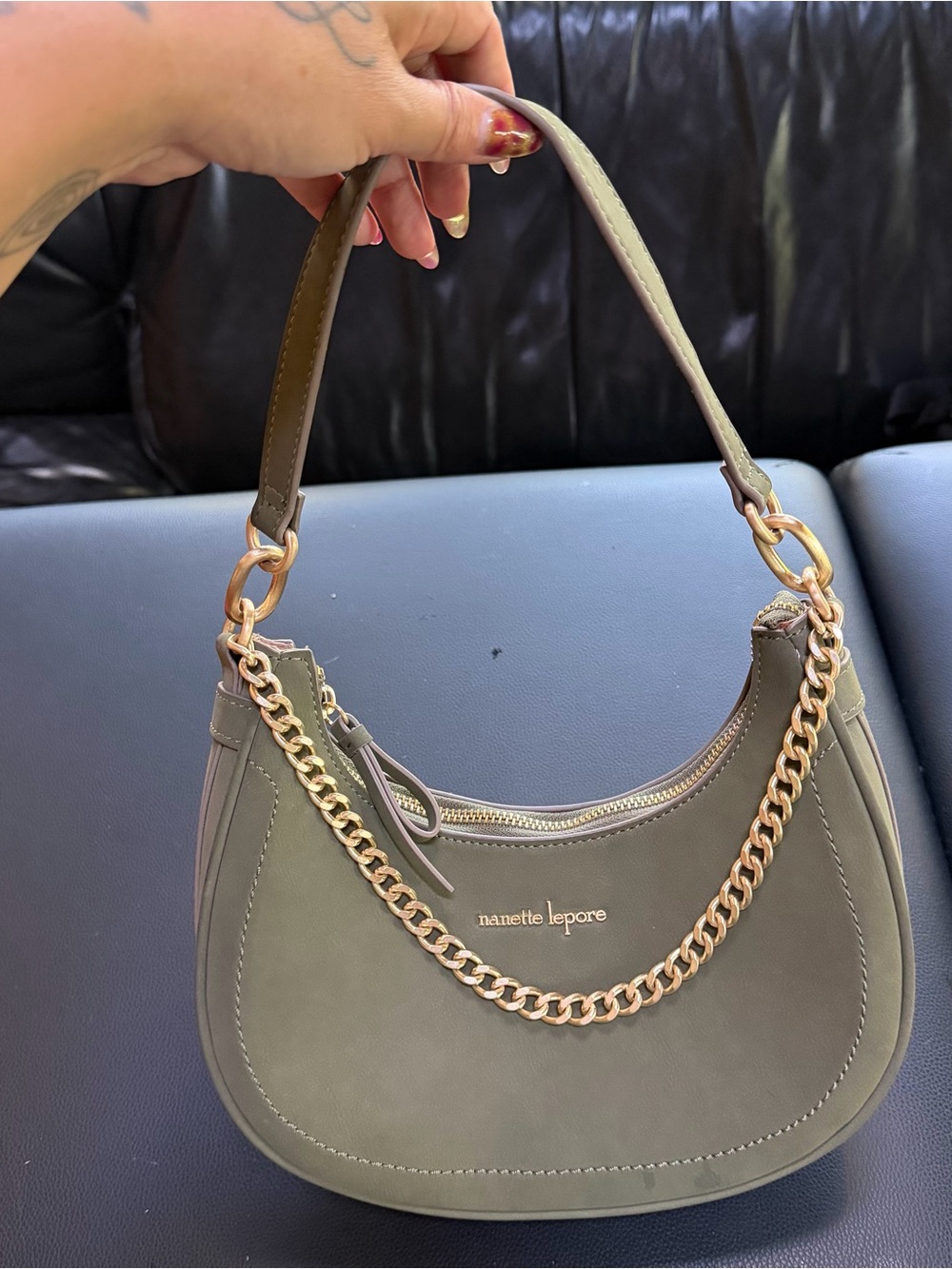 Nanette Lepore Olive Green Crescent Hobo Bag with Gold Chain Detail